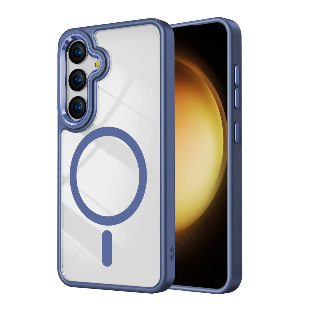JD transparent magnetic phone case for Samsung S24 with metal lens and drop-resistant TPU acrylic build