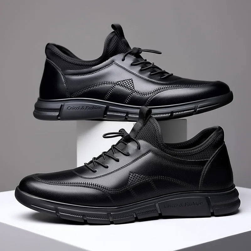 Black men's casual leather slip-on shoes with square low heel and rubber sole
