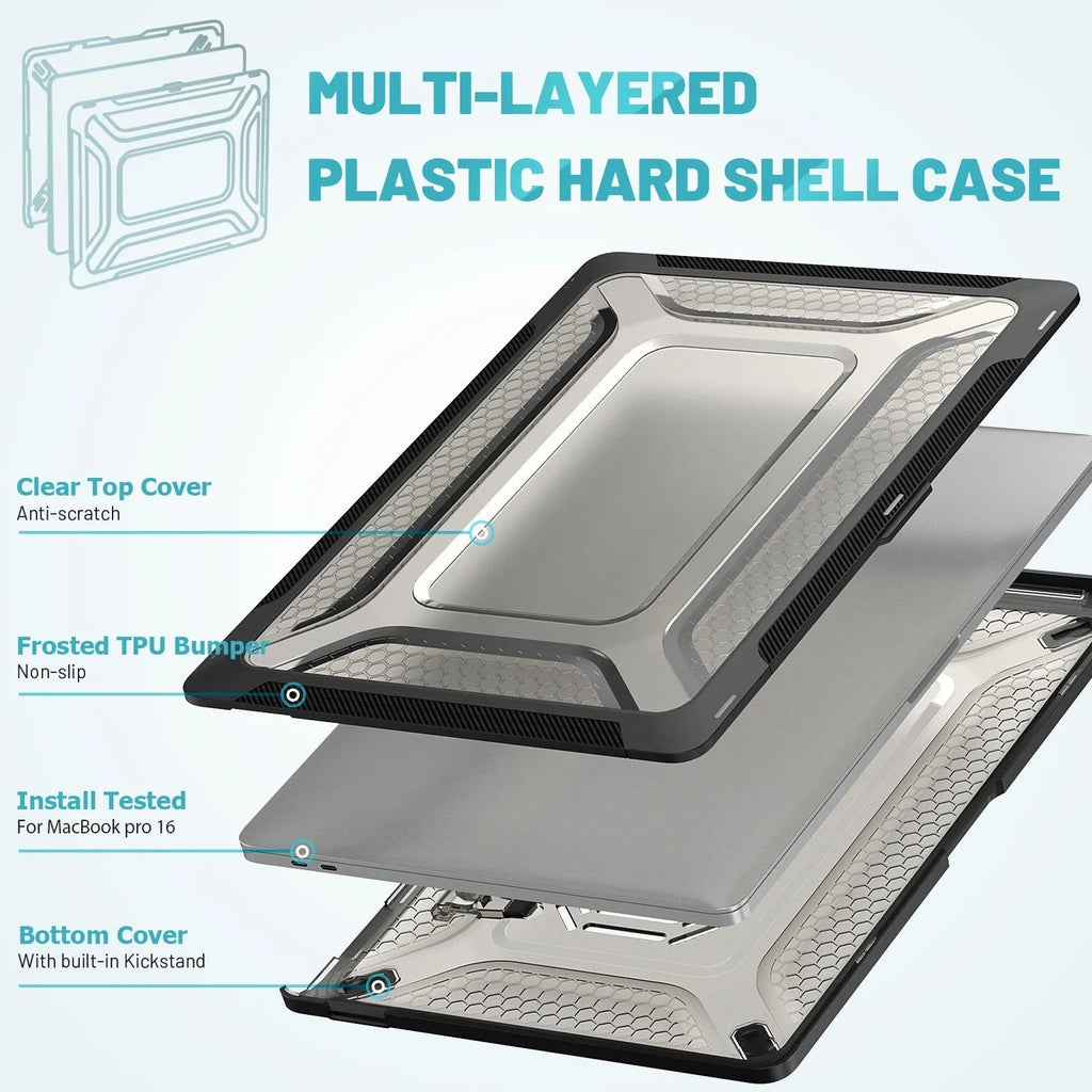 MacBook protective shell case in four colour options showing compatibility with Air and Pro models
