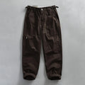 Men's straight leg cotton work trousers in apricot, army green, or brown colours with mid waist fit