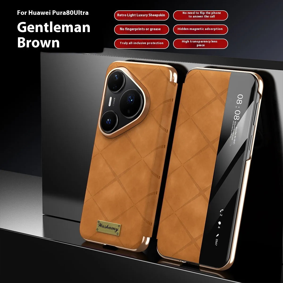 Huawei phone case with electroplated diamond grid pattern on embossed imitation leather.