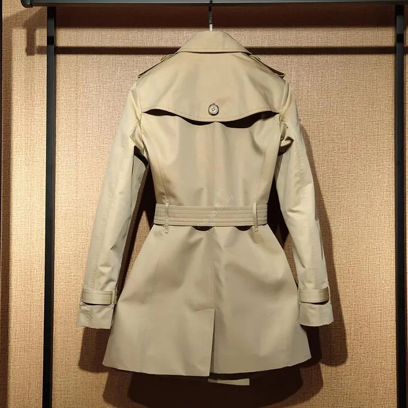 Khaki women's double-breasted polyester trench coat with long flight sleeves