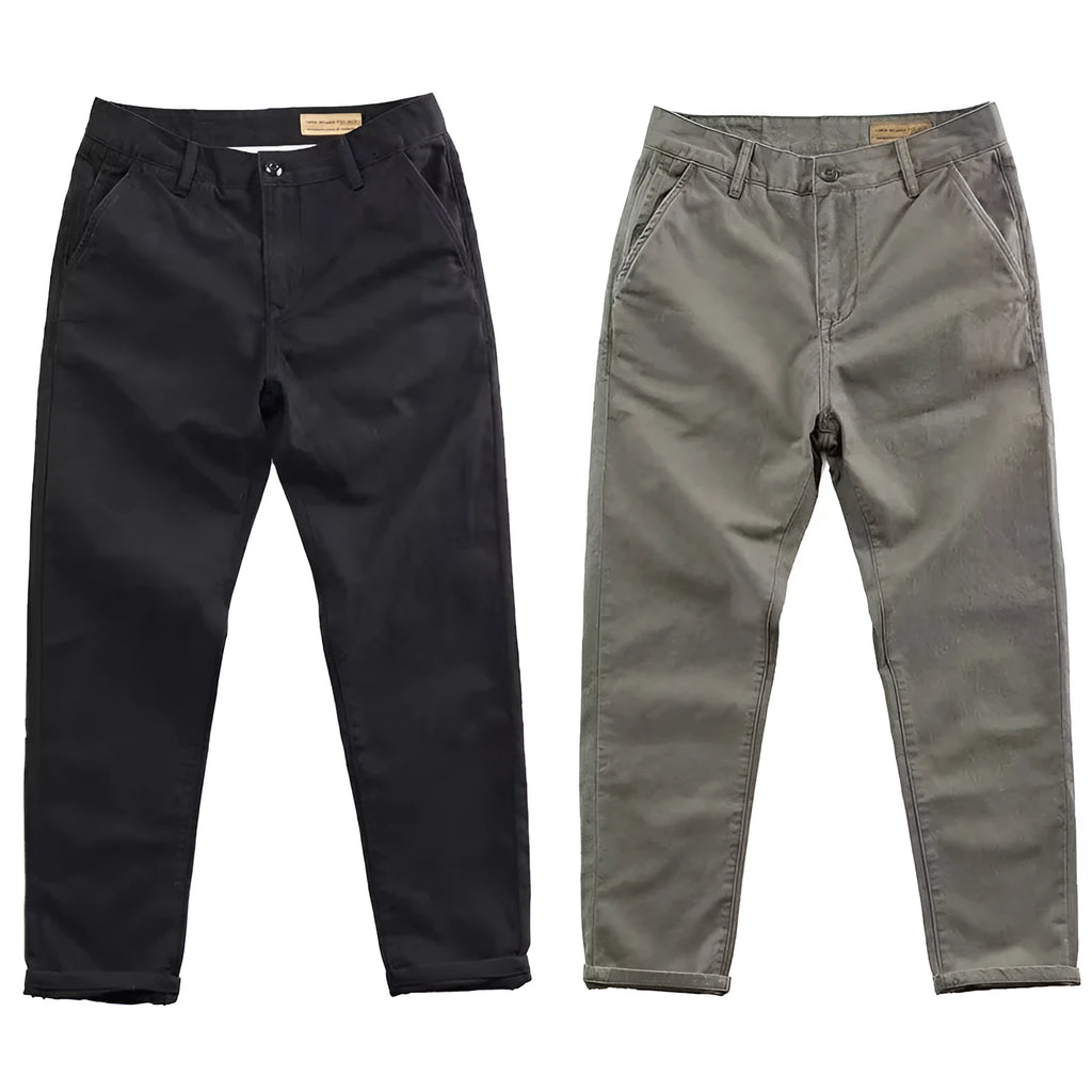 Men's slim fit casual trousers in micro elastic washed fabric with straight leg styling in solid colours