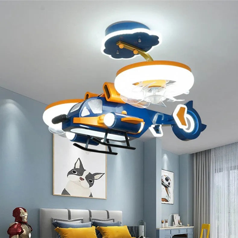 Yellow and blue ceiling fan light with acrylic shade and metal blades for bedroom installation