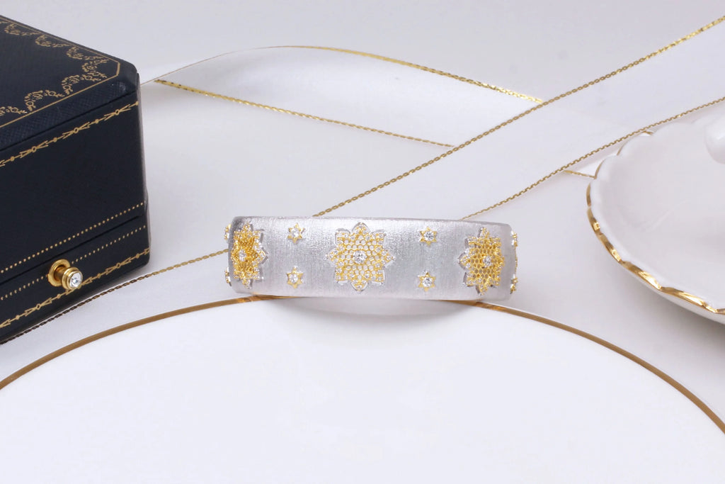 925 silver gold plated divided snowflake open cuff bracelet 18mm wide adjustable