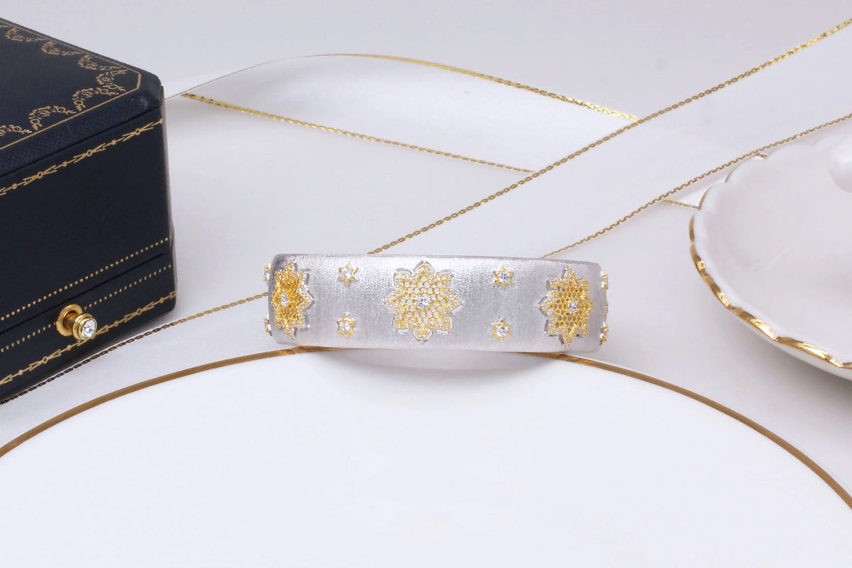 925 silver gold plated divided snowflake open cuff bracelet 18mm wide adjustable
