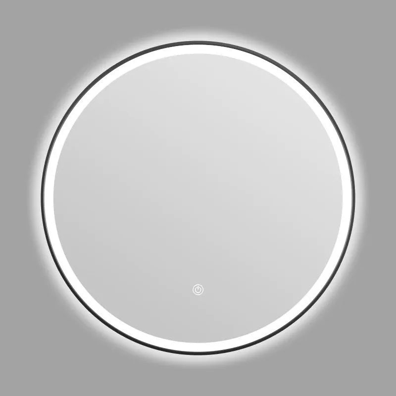 Round black aluminium frame LED wall-mounted bathroom mirror with touch dimming.