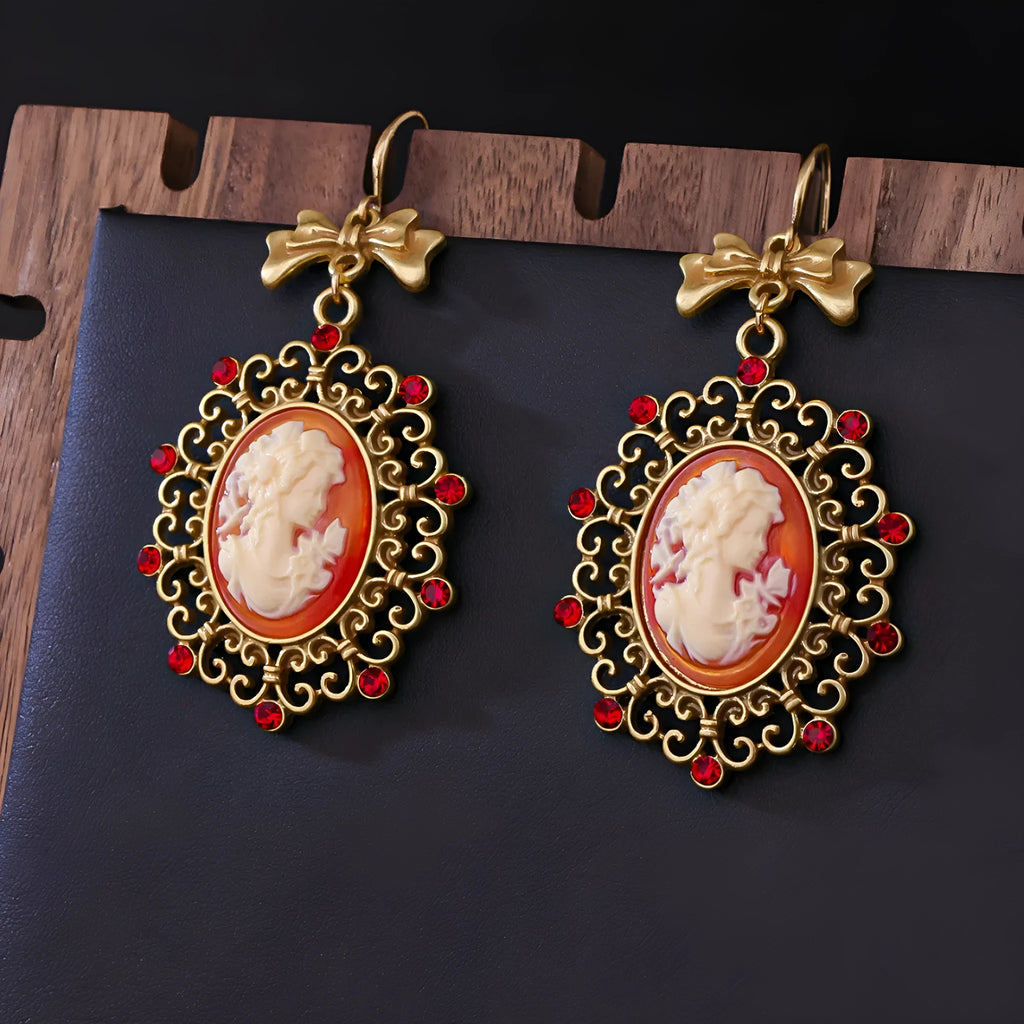 Retro court beauty head earrings in alloy with bow detail and electroplated finish, Beauty Head Ear Drops colour.