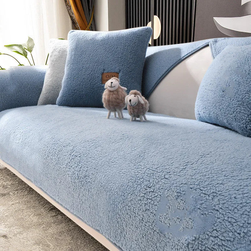 Non-slip solid colour flannel sofa cushion in Cornus Powder, Cream White or Hazy Grey, sizes 70x70cm to 110x240cm