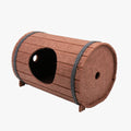Assembled wine barrel pet bed made from three grey felt panels, forming a circular cat nest.