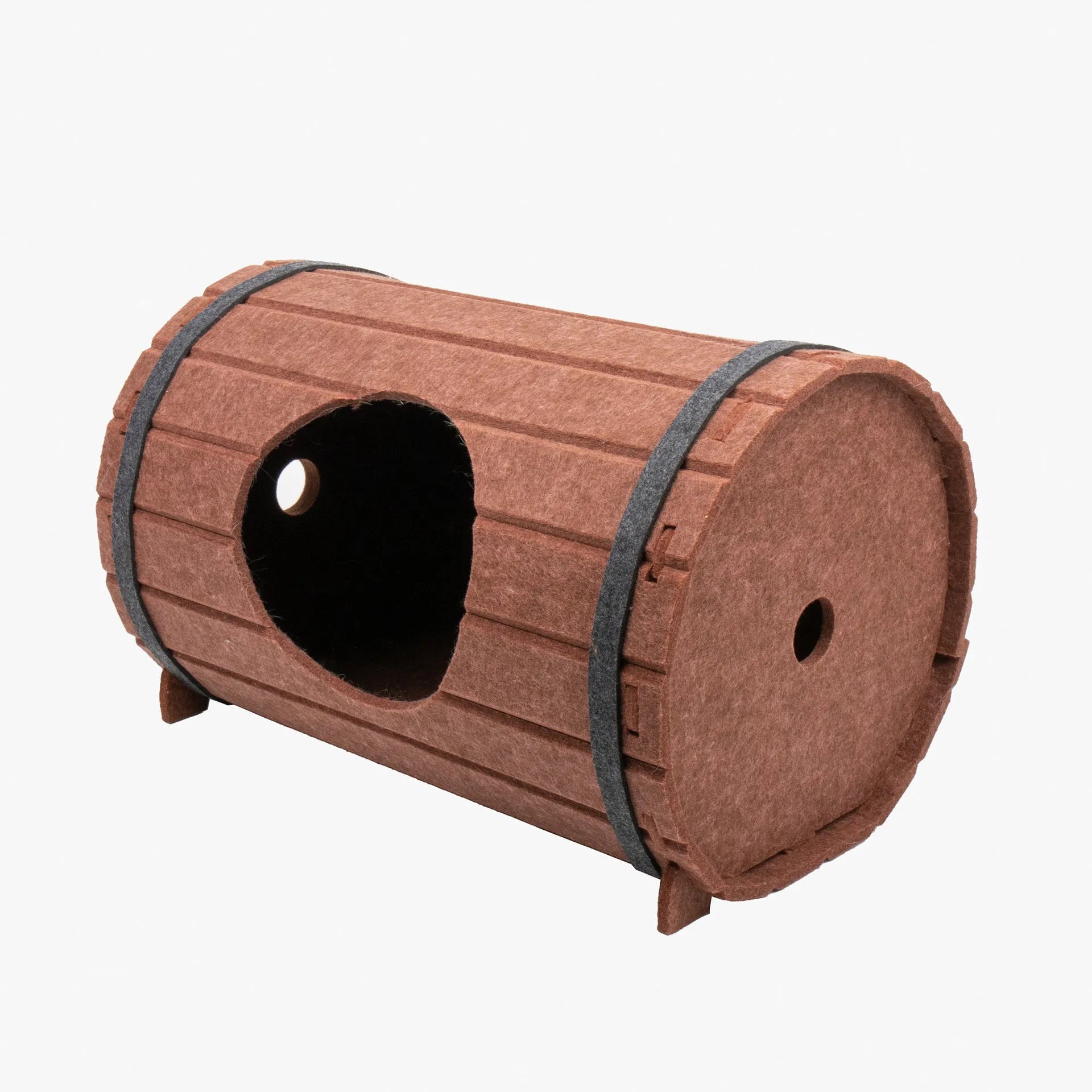 Assembled wine barrel pet bed made from three grey felt panels, forming a circular cat nest.