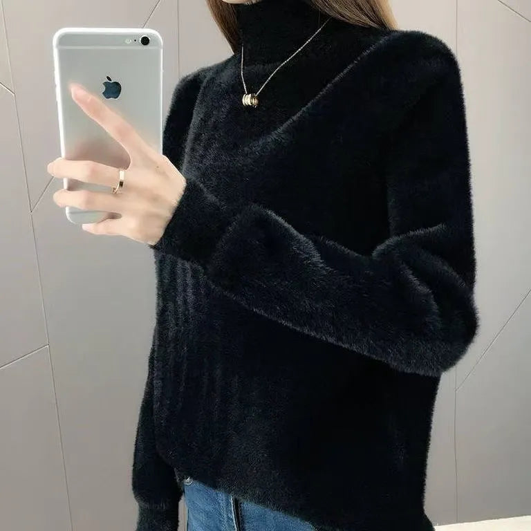 Women's half turtleneck solid color long sleeve bottoming shirt in black white commuting style