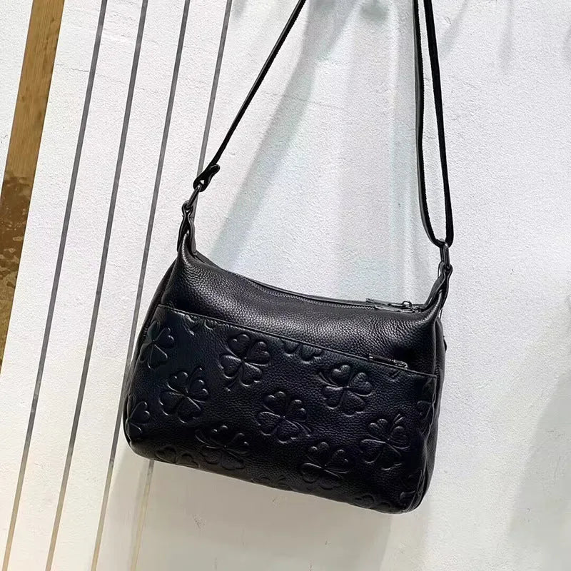 Genuine leather large capacity horizontal square shoulder crossbody bag with black plaid pattern
