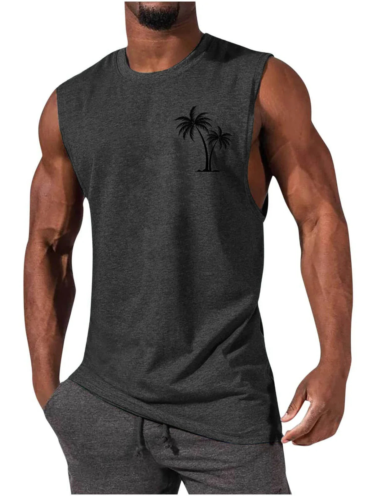 Stylish tropical tank top with coconut tree embroidery design, ideal for summer workouts and active lifestyles.