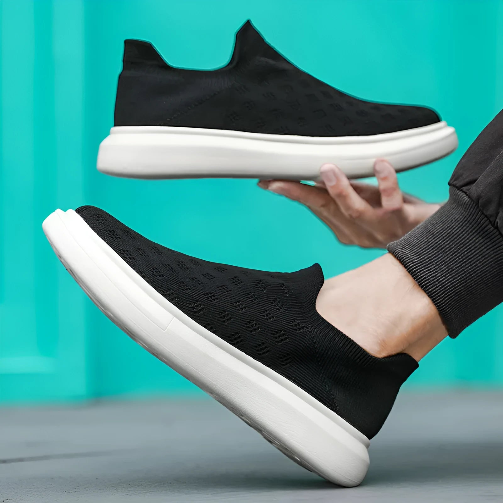 Men's mesh casual breathable solid colour sneakers, lace-up walking shoes, side view