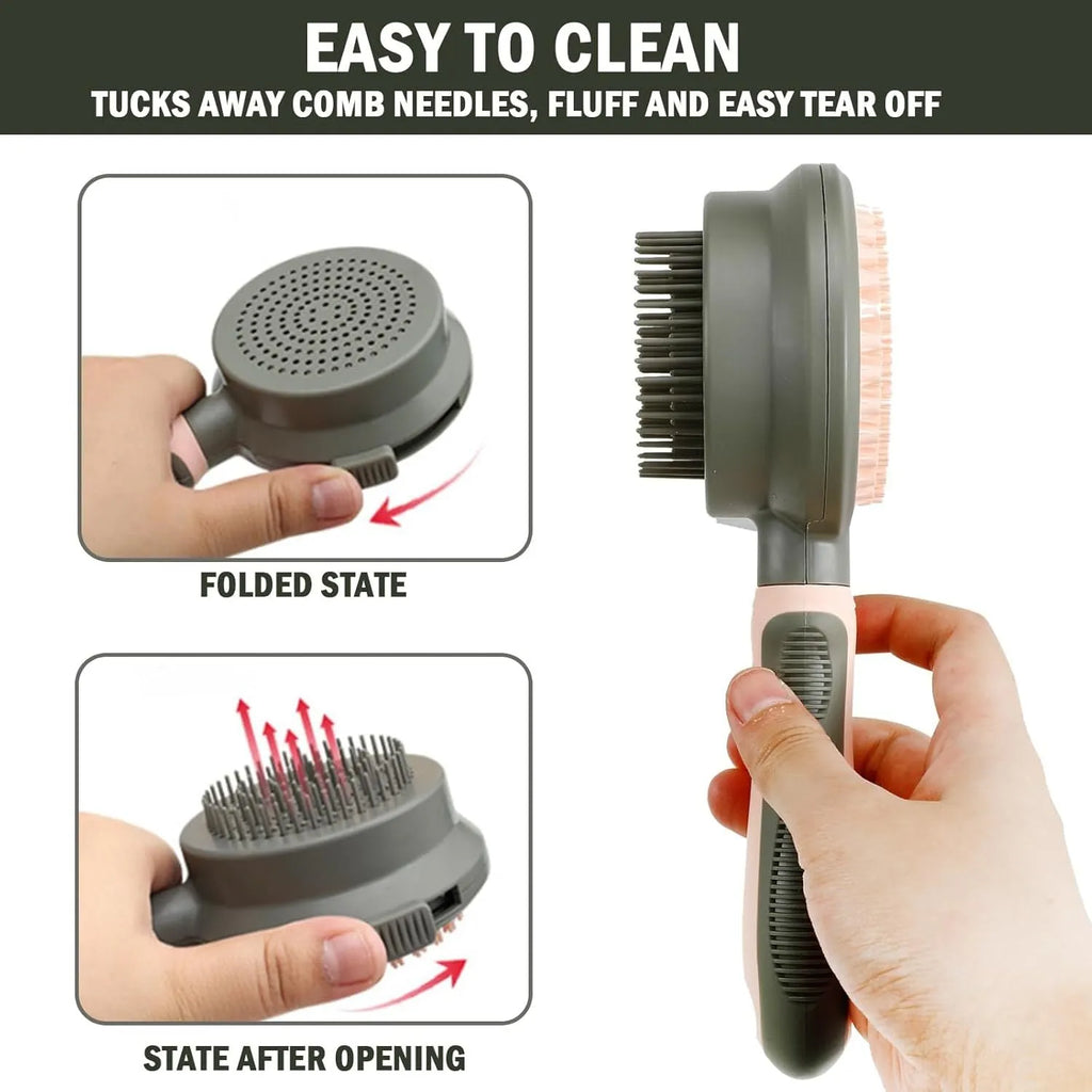 Green and pink double-sided cat grooming brush with plastic bristles, rubber massage pins, release button, and flea comb
