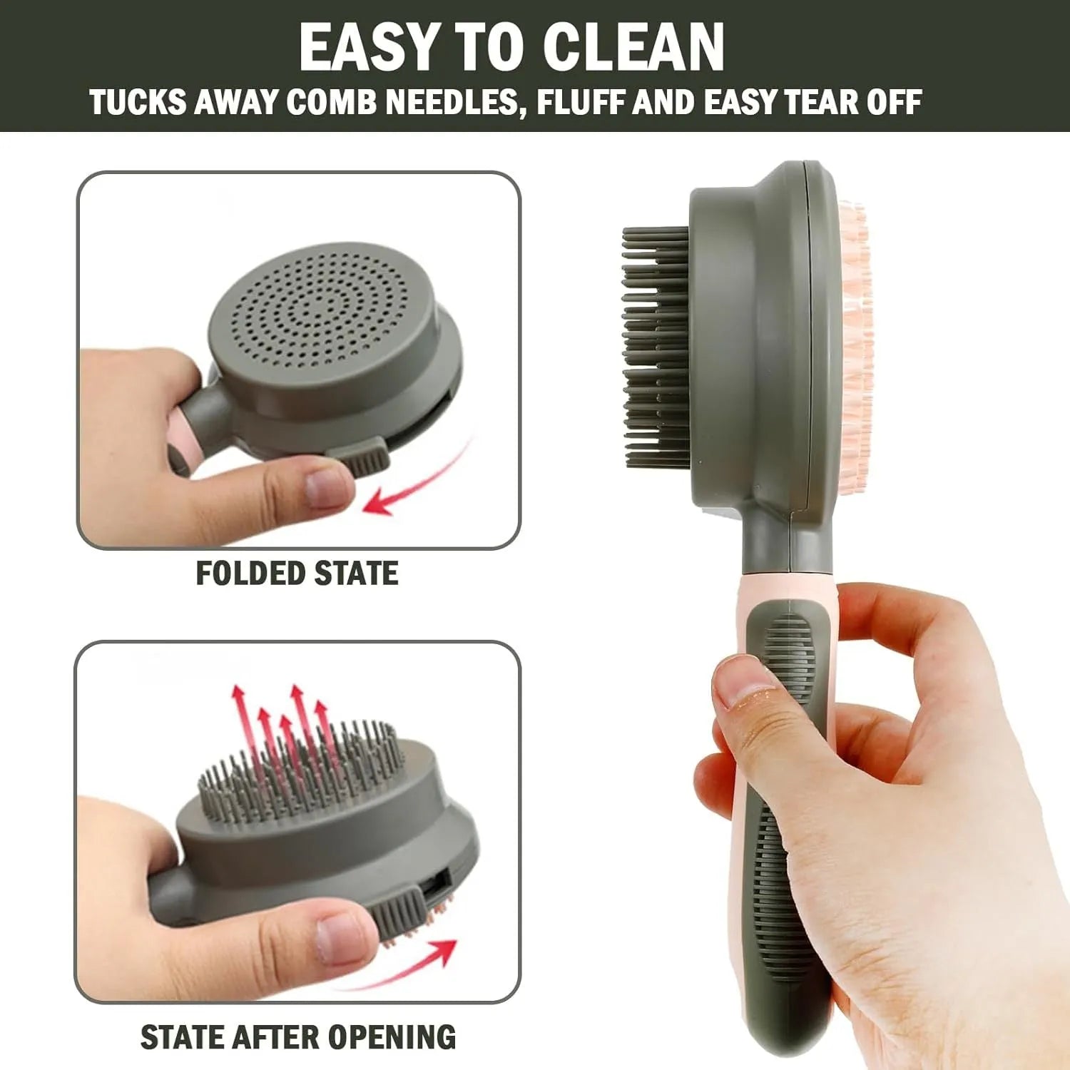 Green and pink double-sided cat grooming brush with plastic bristles, rubber massage pins, release button, and flea comb