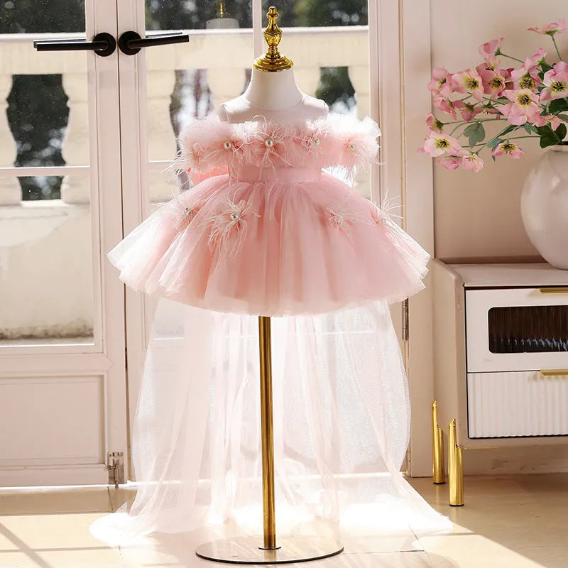 Girls pink tulle tutu skirt, polyester princess dress, height sizes 80cm to 150cm