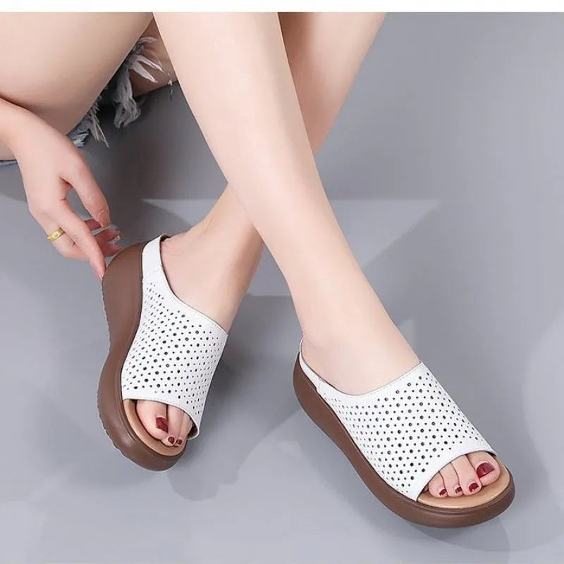 Peep toe platform heel women's slippers with ethnic pattern, PU upper, rubber sole, beige colour