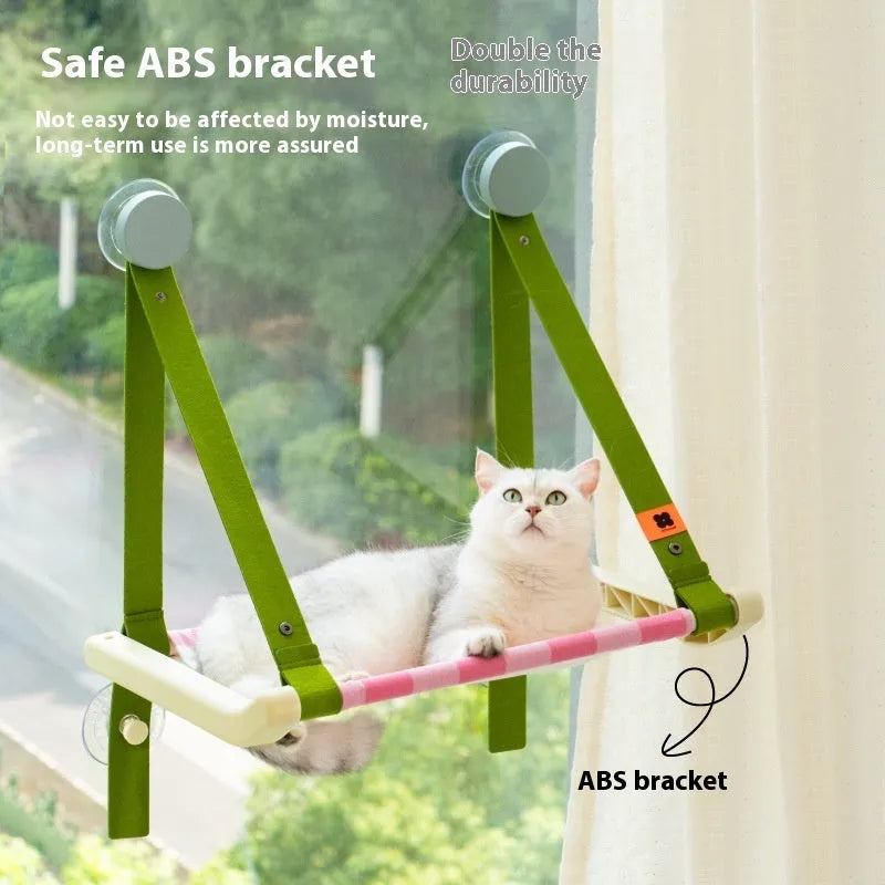 Cat hammock window sucker on glass balcony with metal frame in modern simplicity style