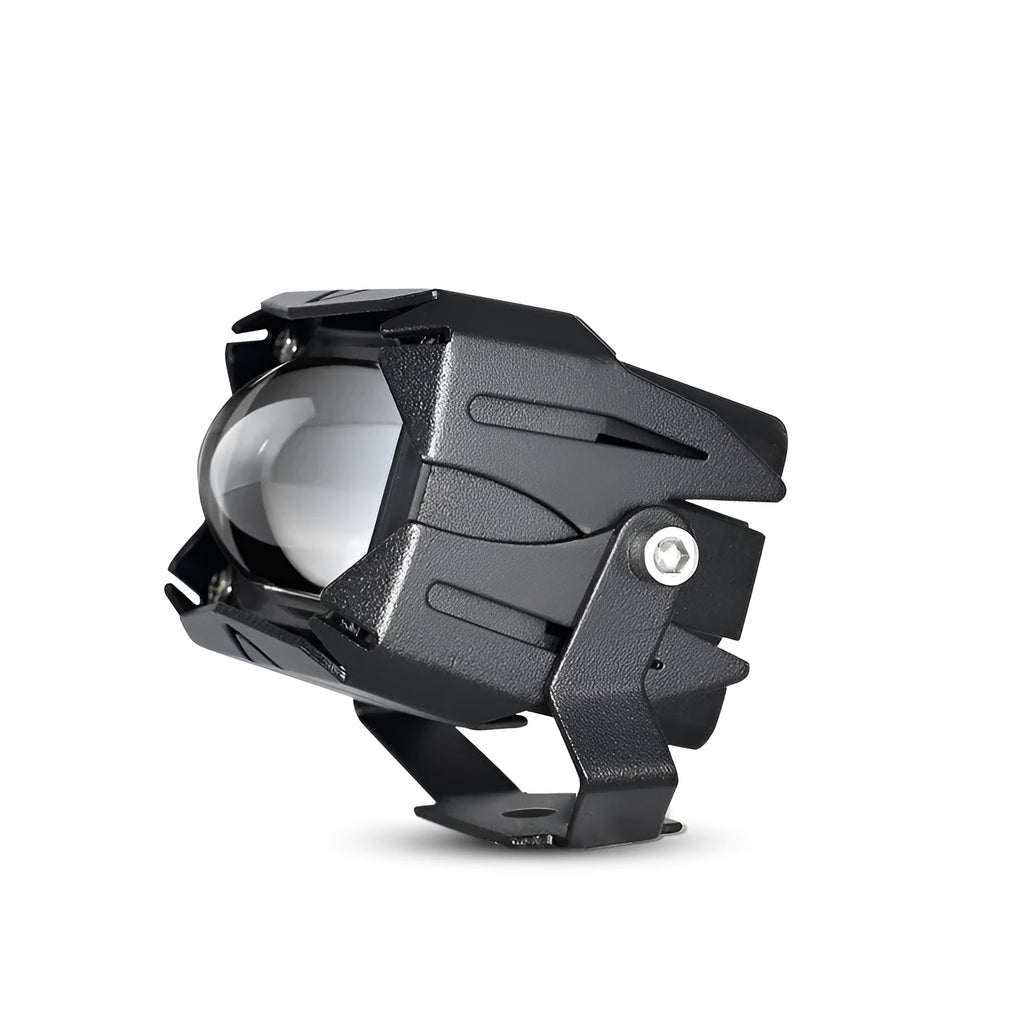 Black aluminium motorcycle LED spotlight with projection lens, 5000lm, 9-85V, yellow and white light.