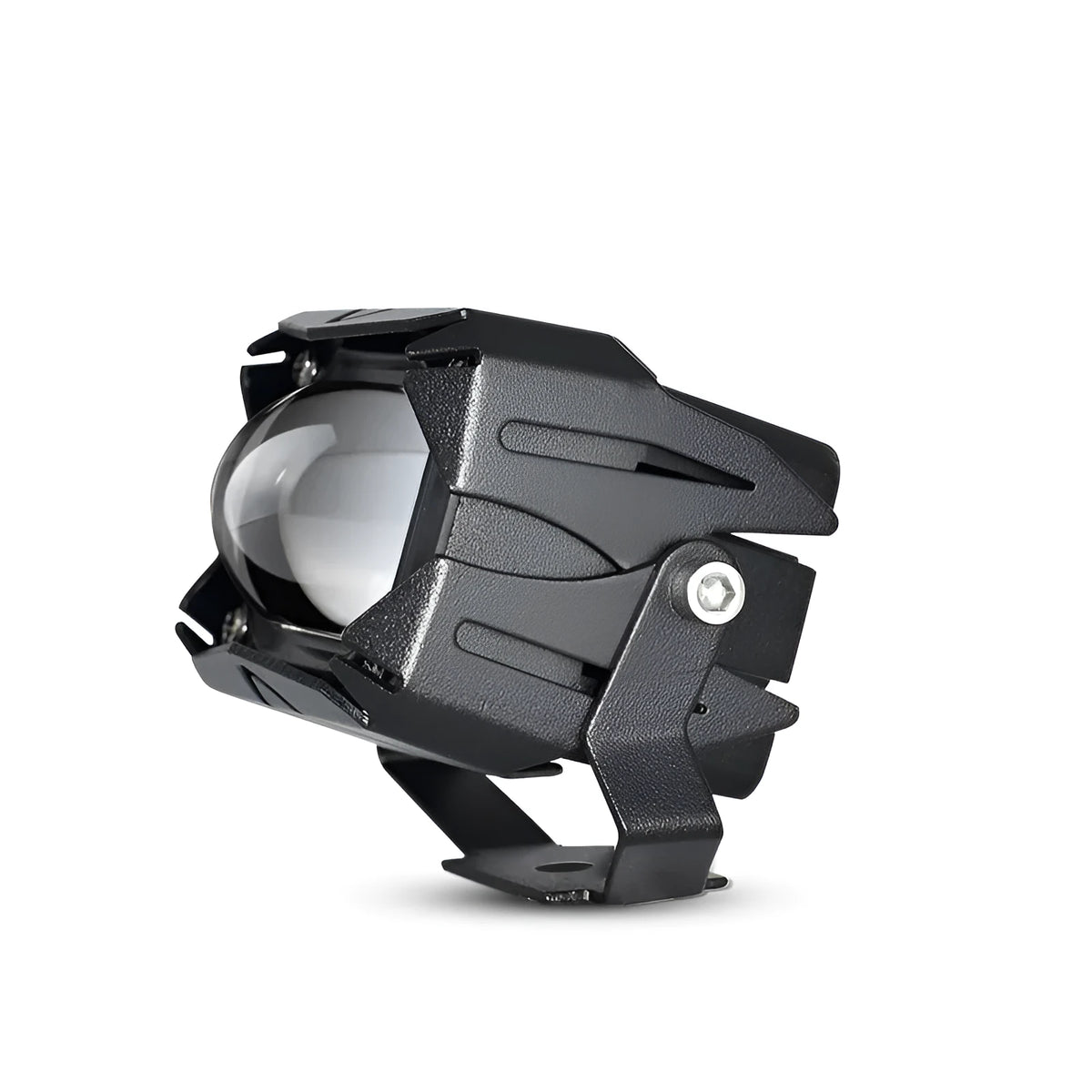 Black aluminium motorcycle LED spotlight with projection lens, 5000lm, 9-85V, yellow and white light.