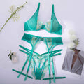 Light green embroidered women's bra and bikini set in three-point style.