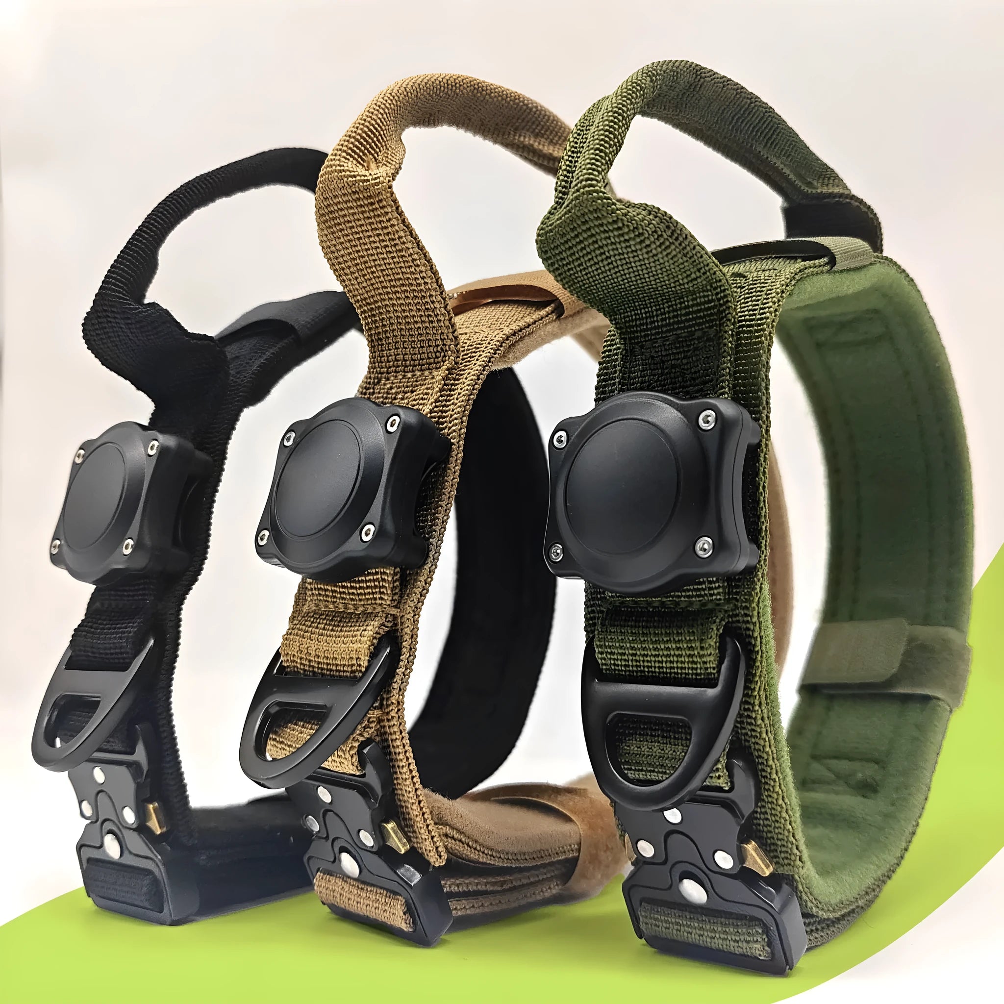 Tactical waterproof dog collar with positioning ring in polyester fabric showing black, army green, and khaki colour options