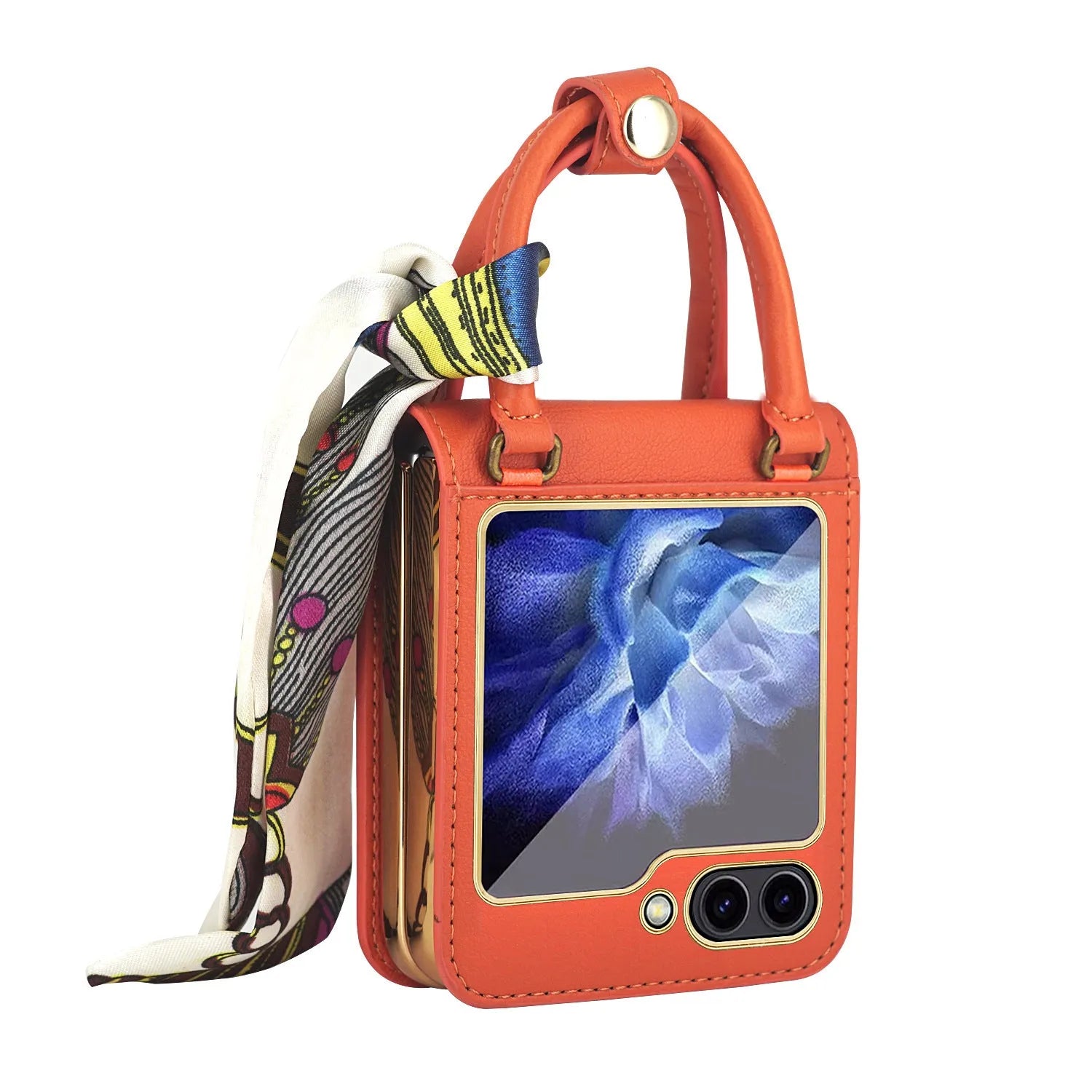 Electroplated handbag-style ribbon ornament protective case for Samsung Galaxy Z Flip 5 in orange