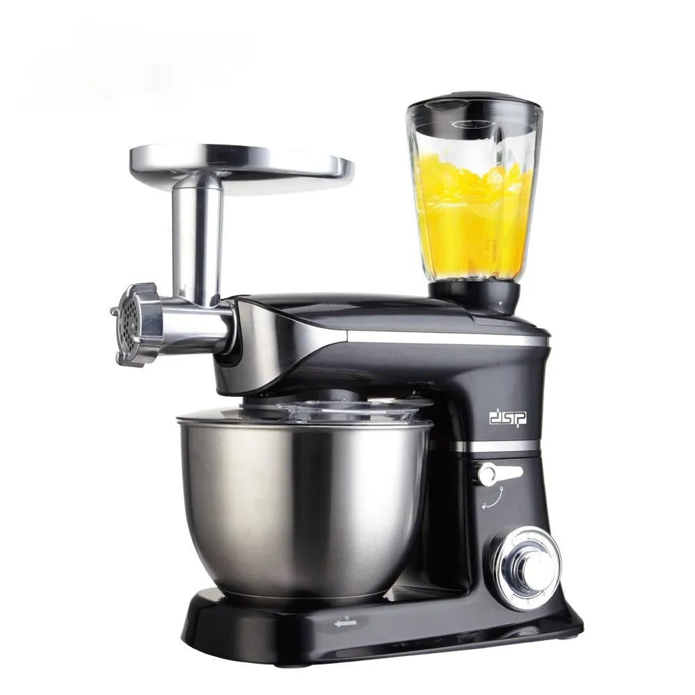 Black three-in-one household kitchen machine with juicer, dough mixer, and meat mincer functions on countertop