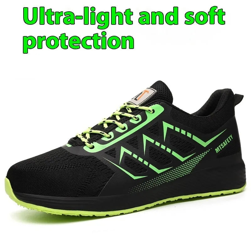 Black labour protection shoes with steel toe caps, lace-up front, and flat-knitted uppers for workplace safety