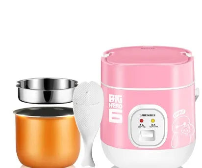 Compact round miniature rice cooker with non-stick inner pot and steam pan for one to two people