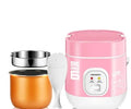 Compact round miniature rice cooker with non-stick inner pot and steam pan for one to two people