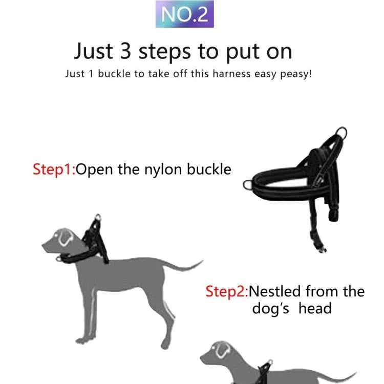 No pull dog harness with leather padded strap in black, for large dogs, sizes XS to XL