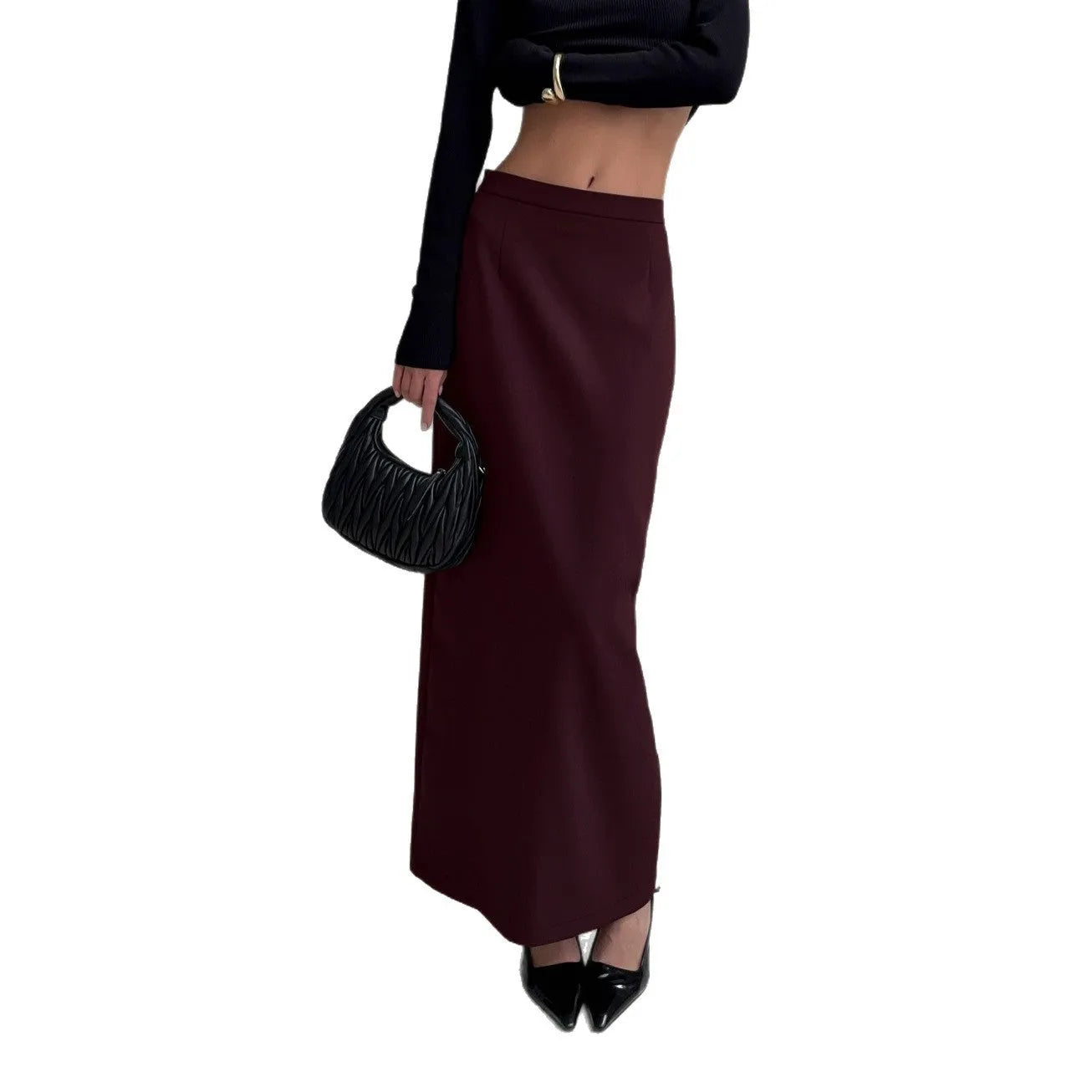 High waist slimming split straight skirt for women in dark brown polyester