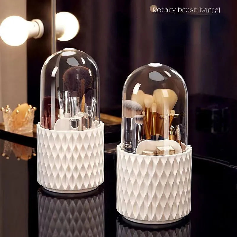 White rotating transparent acrylic makeup brush storage box with lid open showing brush compartments