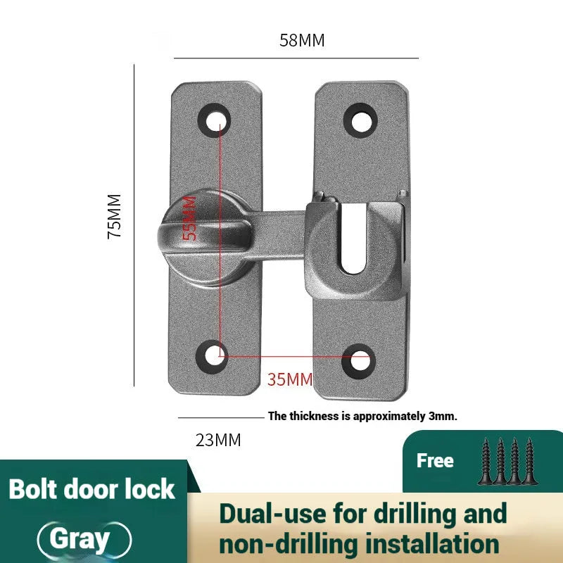 Aluminium alloy punch-free door latch in silver finish, showing 90 and 180 degree positions.