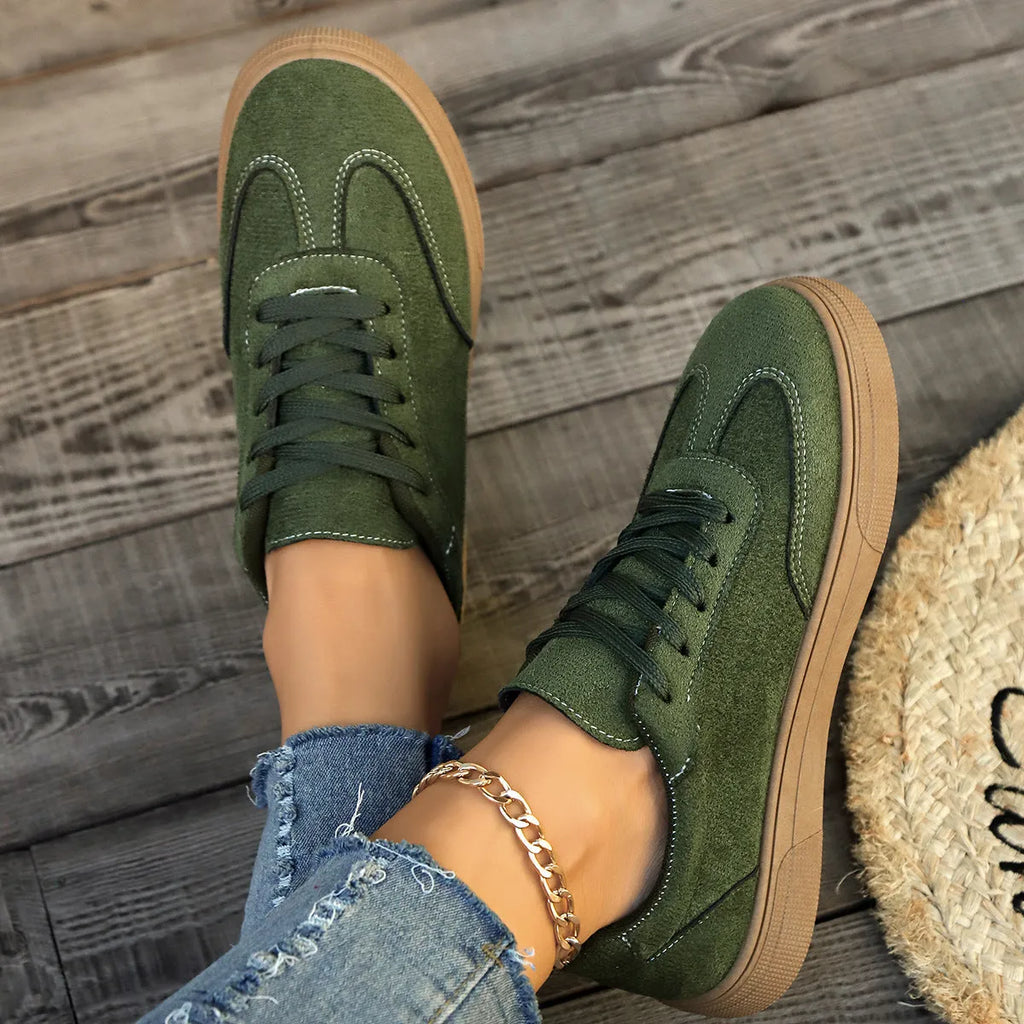 Khaki casual round toe lace up shoes for women with cross shoulder straps and low rubber sole