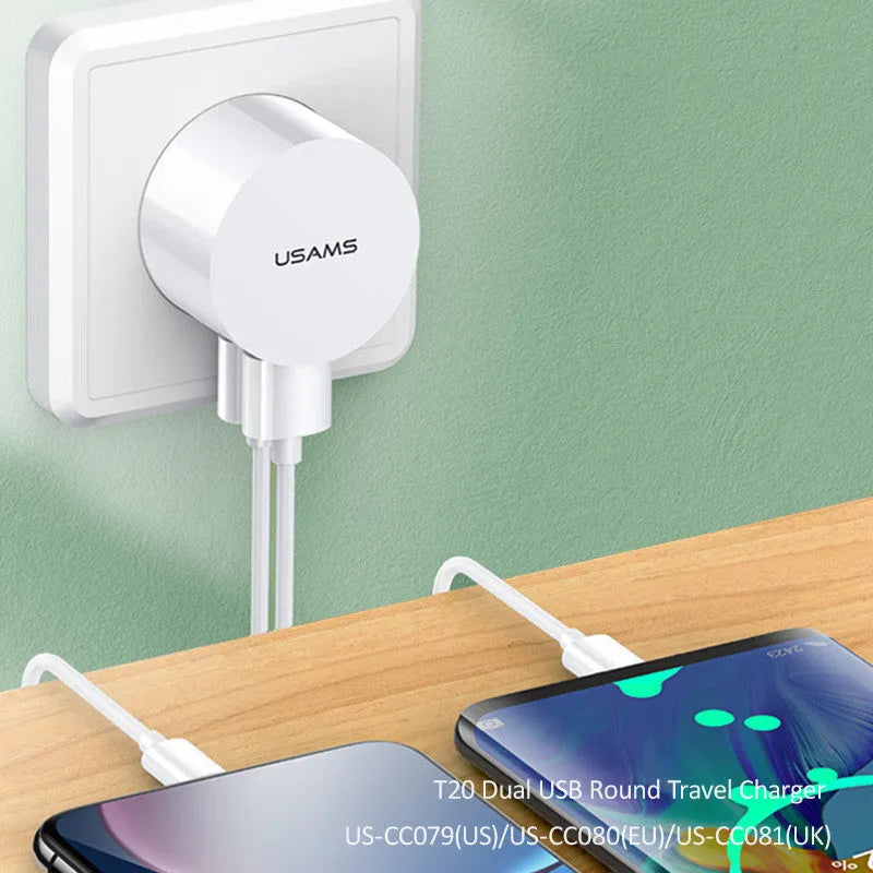 White portable universal dual USB charger with EU, UK and US adaptor heads for international travel