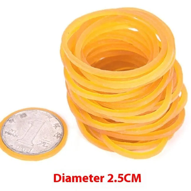 500g pack of yellow rubber bands showing multiple diameters from 16mm to 70mm