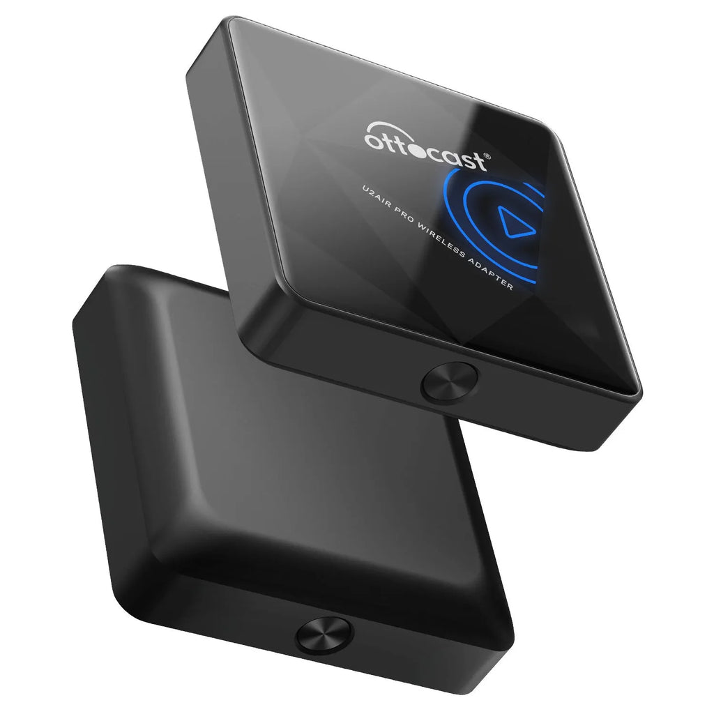Black square Car Bluetooth AIBOX wireless adapter with Type-C port on a car dashboard.