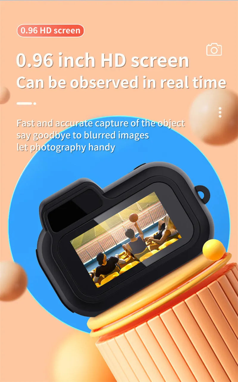 Black retro mini camera with screen displaying 1080p HD video recording capability