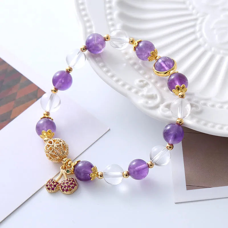 Purple amethyst crystal bracelet with micro-inlaid cherry flower pattern