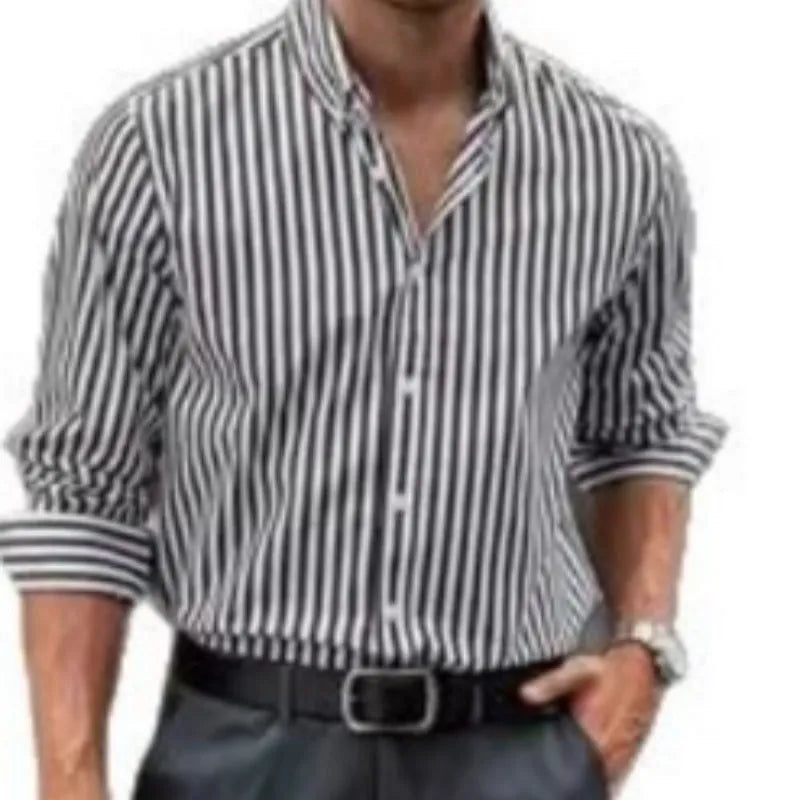 Man wearing a loose-fit striped button shirt in a casual cardigan style