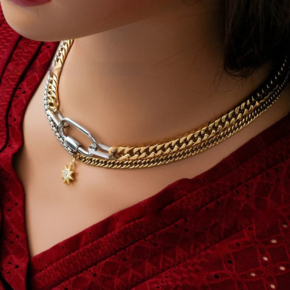 Gold dual-color patchwork pendant necklace on titanium steel chain, high polished finish