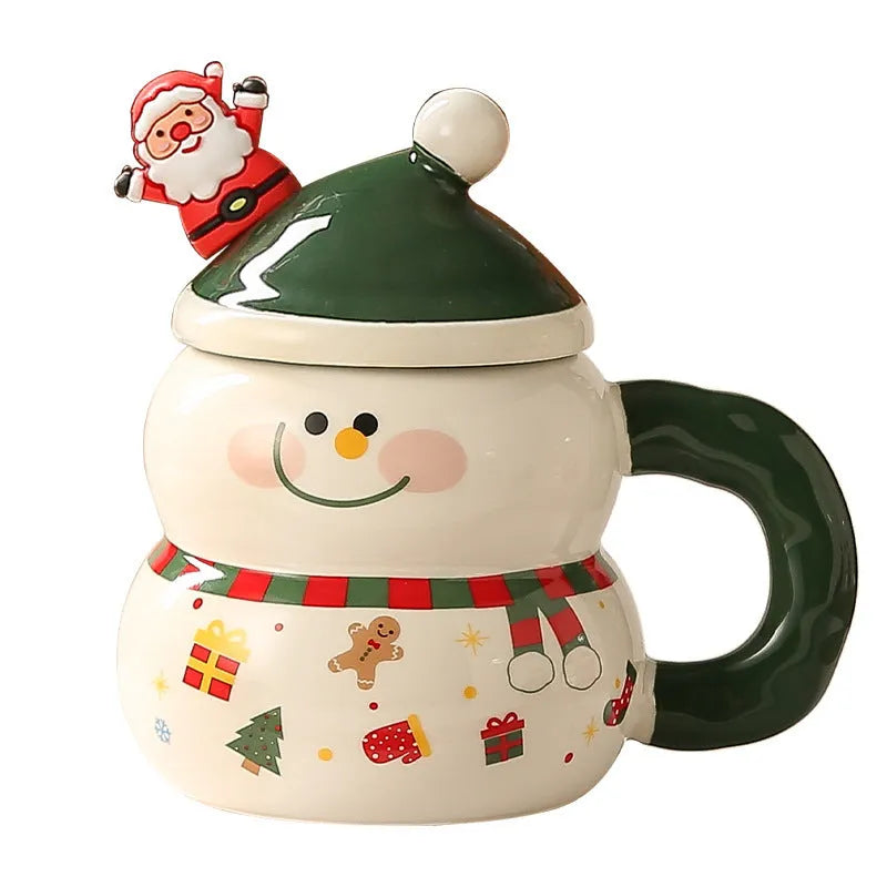 Christmas ceramic cartoon snowman water cup with 400ml capacity, round shape, 8.5cm height