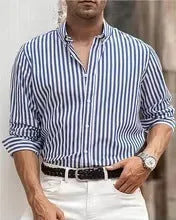 Man wearing a loose-fit striped button shirt in a casual cardigan style
