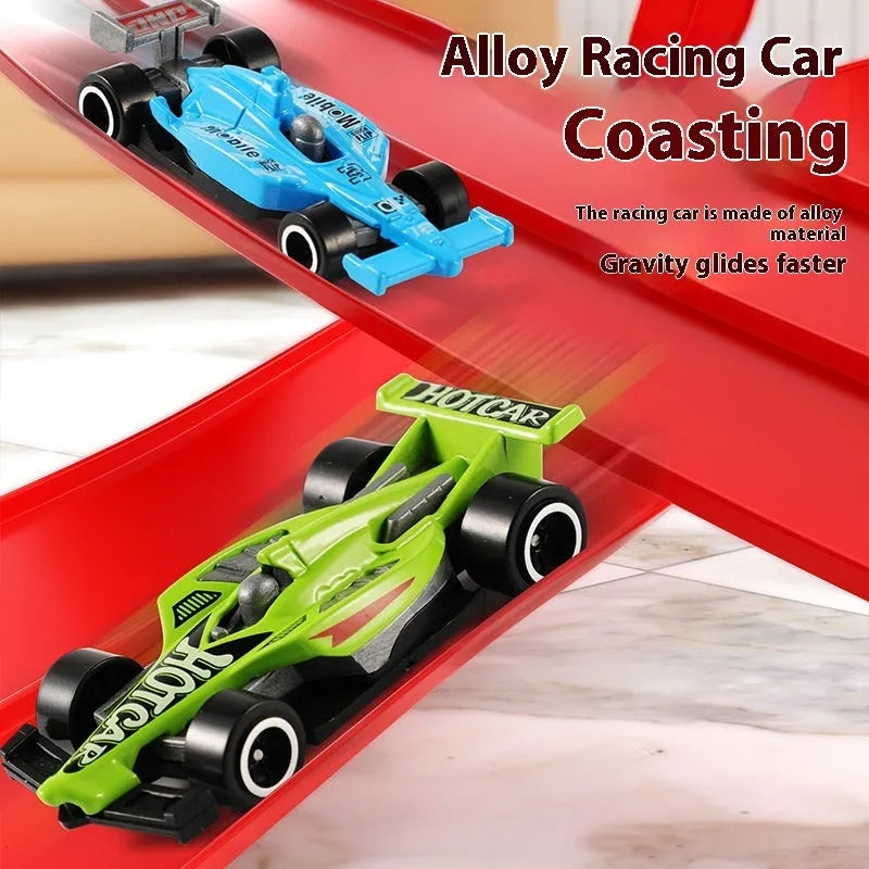 Cool DIY assembled inertia rail car set with plastic track and cars in red or blue options