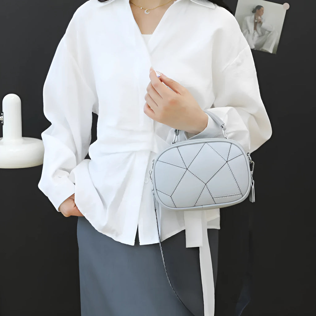 Round grey PU leather patchwork small bag with decorative stitching, shown next to a tape measure indicating 20x15 cm size.