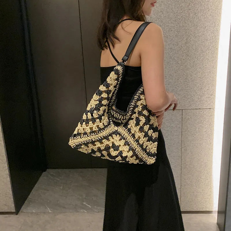 Handmade paper straw woven shoulder bag with hollow contrast colour weave and polyester lining in khaki beige or black khaki.